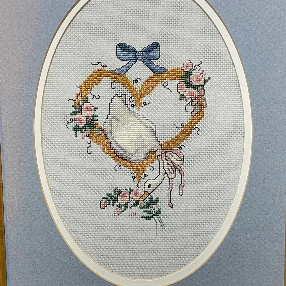 Vintage Framed Cross Stitch Goose Heart Floral Wreath Gold Frame 10.5x13.5 Decor